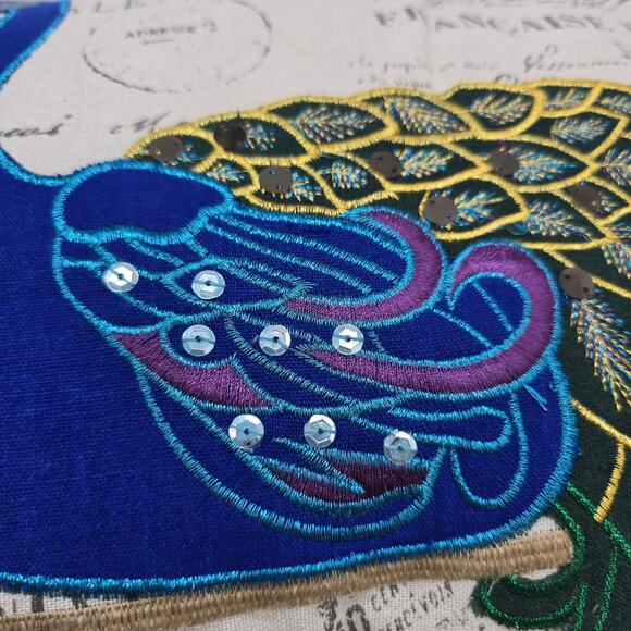 Vintage Appliqué Peacock Embroidered Throw Pillow French Script Blue Green White - Picture 5 of 8